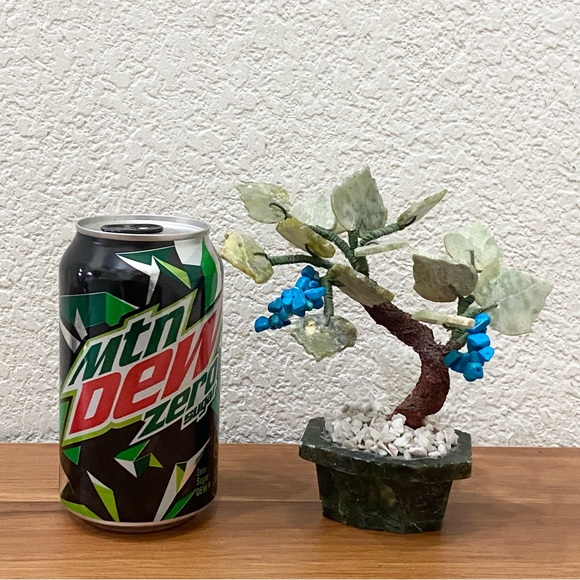 Vintage Carved Semi-Precious Stone Faux Turquoise Buds Bonsai Miniature Tree - Picture 2 of 12